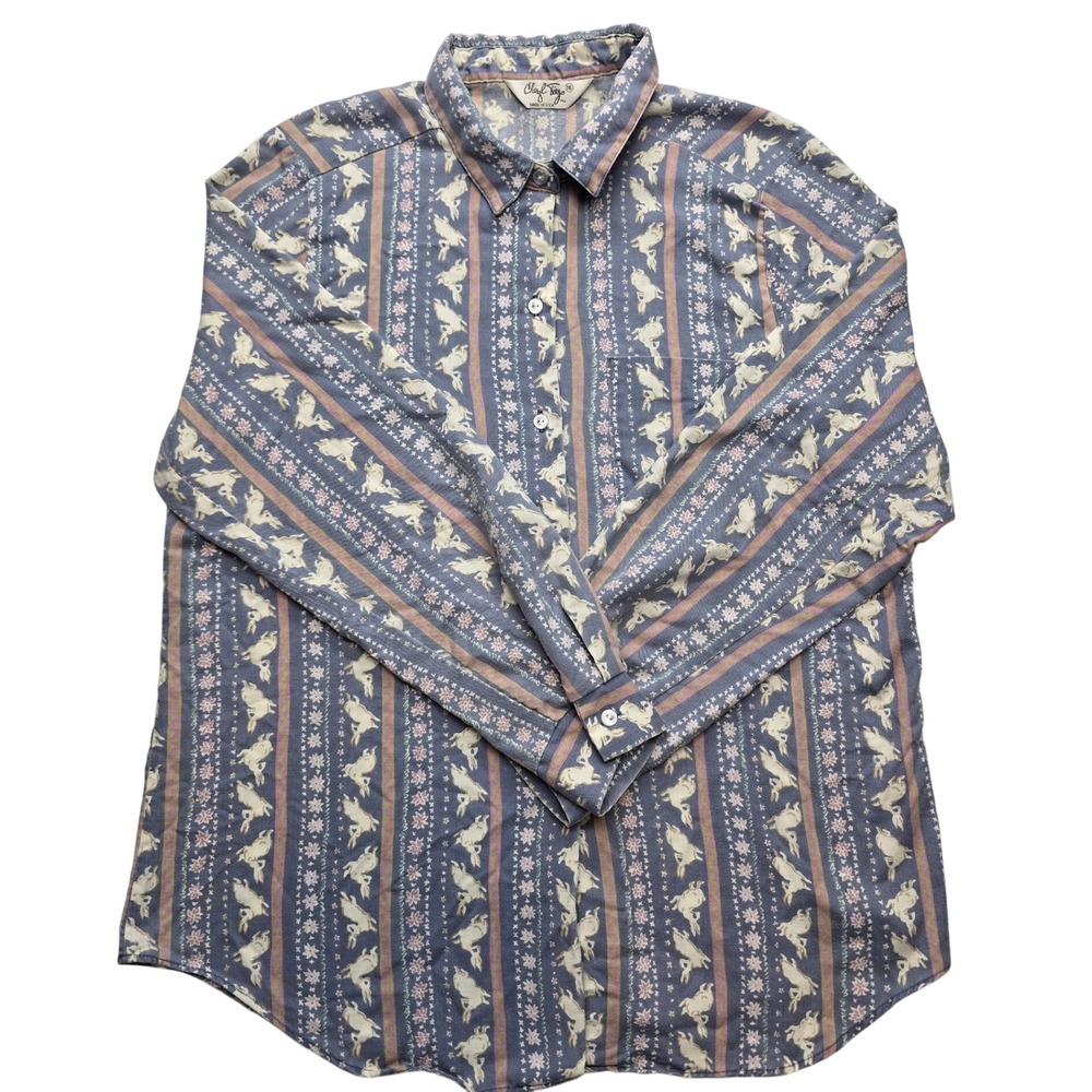 Cheryl Tiegs Vintage Bunny Rabbit Floral Stripe Button Down Shirt Blue Womens 16